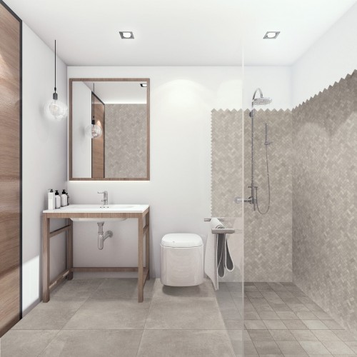 Badkamer met verschillende betonlook tegels