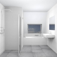 Badkamer ingericht met witte keramische wandtegels