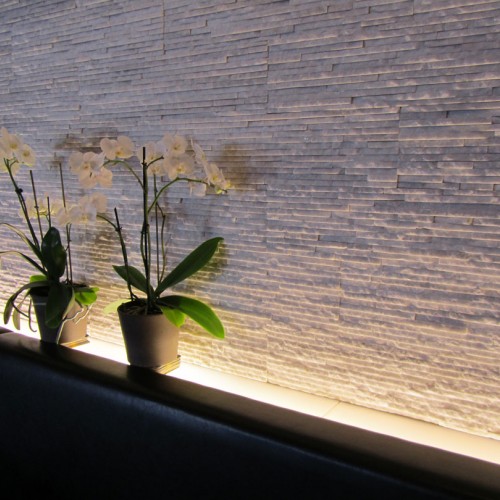 Bloemen tegen witte keramische muur