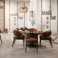 Sushi restaurant tafels op betonlook tegels
